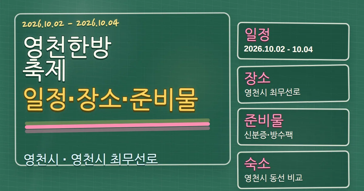 2026 영천한방축제 일정·장소 총정리|준비물과 숙소 동선 칠판 판서형 대표 이미지