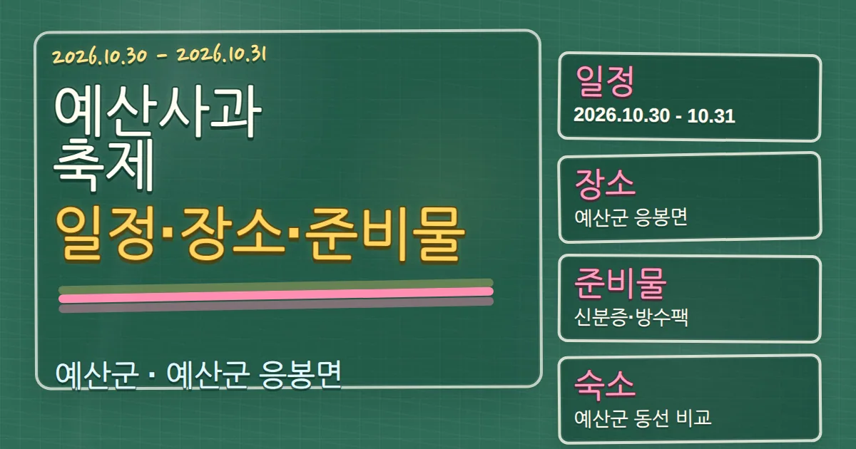 2026 예산사과축제 일정·장소·준비물과 예산군 숙소 동선 칠판 판서형 대표 이미지