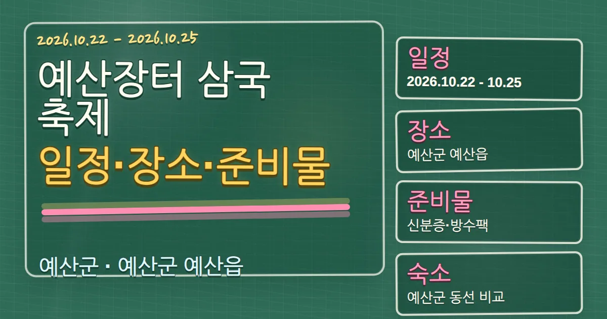 2026 예산장터 삼국축제 일정·장소·준비물과 예산군 숙소 동선 칠판 판서형 대표 이미지
