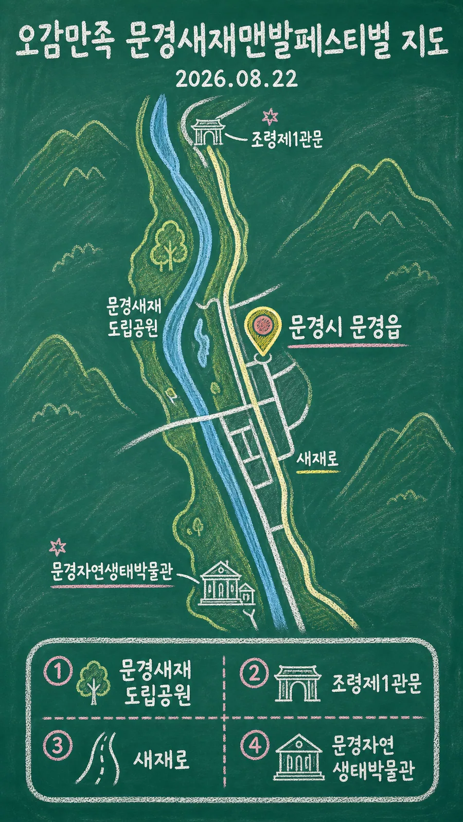 오감만족 문경새재맨발페스티벌 원본 지도 이미지를 바탕으로 imagegen이 재구성한 칠판 판서형 그림지도
