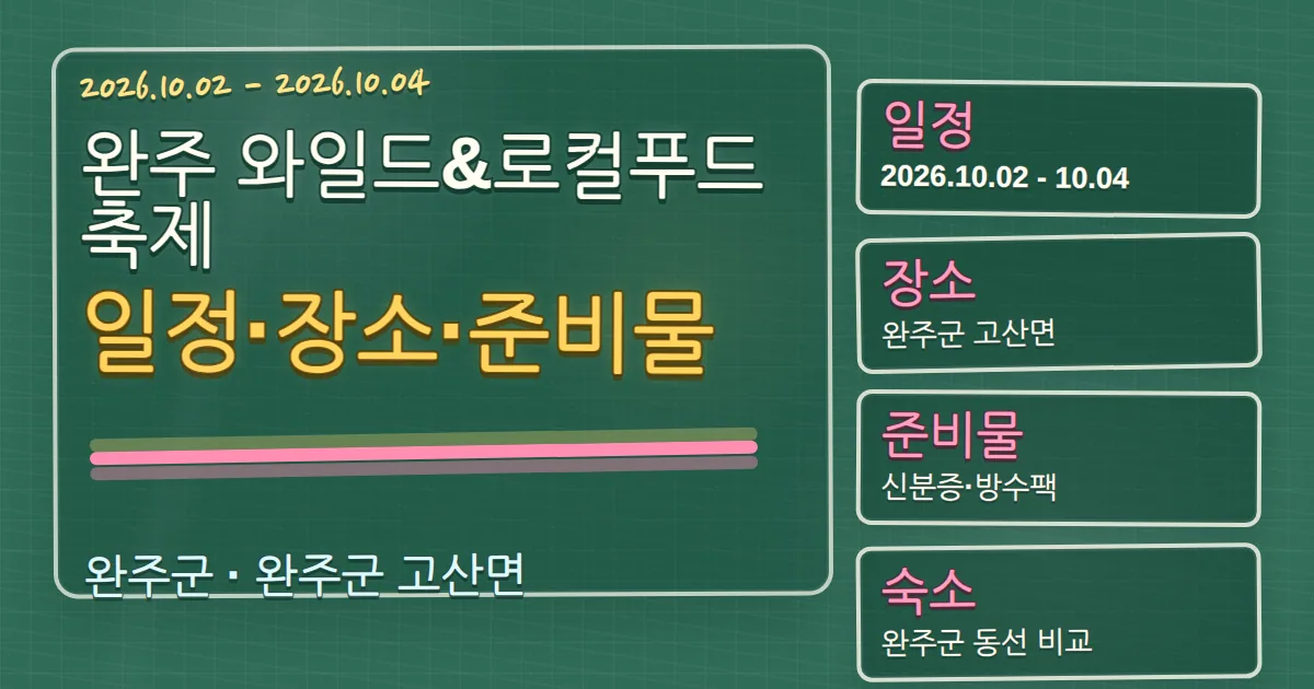 2026 완주 와일드&로컬푸드축제 일정·장소·준비물과 숙소 동선 칠판 판서형 대표 이미지