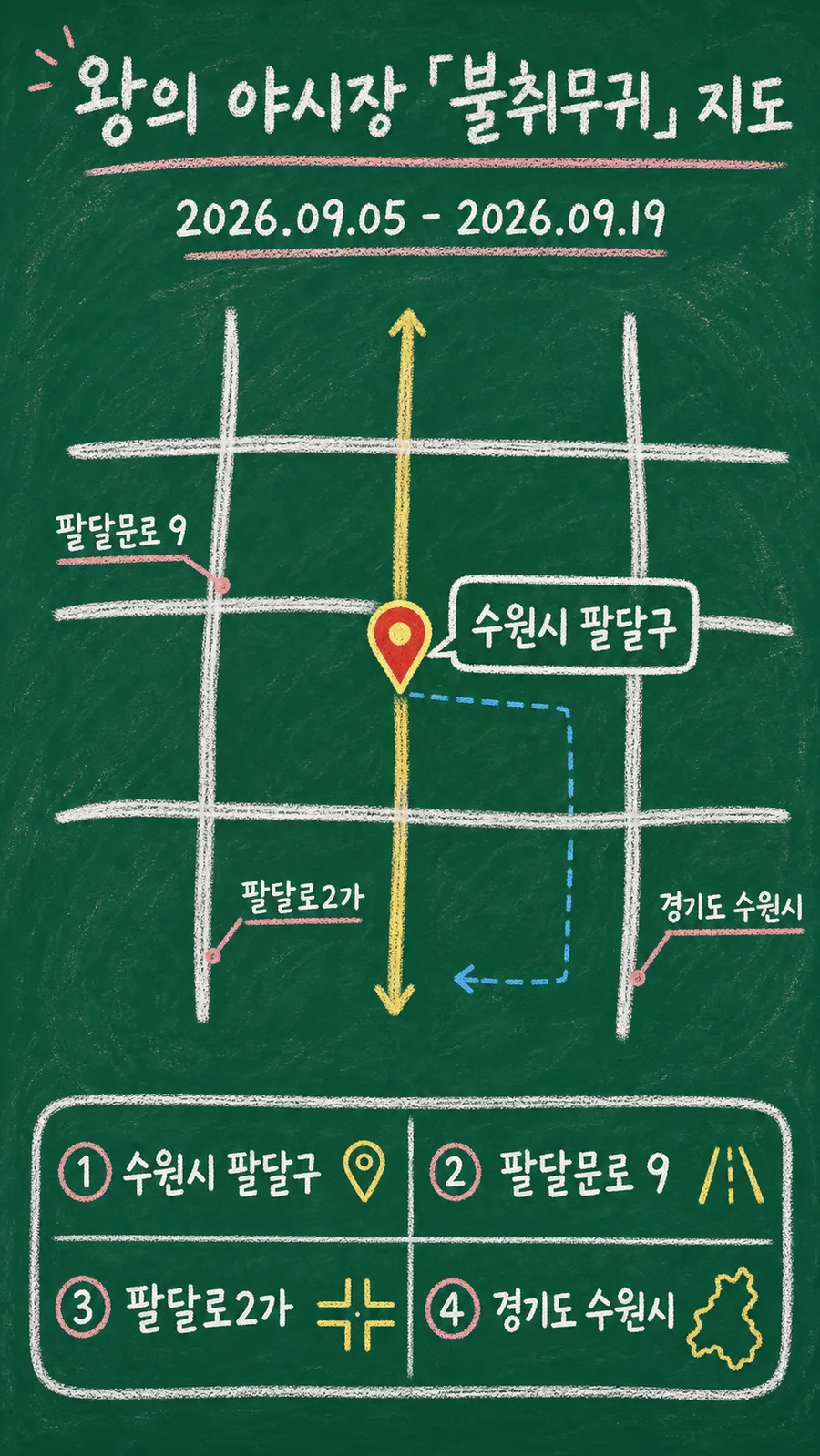 왕의 야시장 「불취무귀」 원본 지도 이미지를 바탕으로 imagegen이 재구성한 칠판 판서형 그림지도