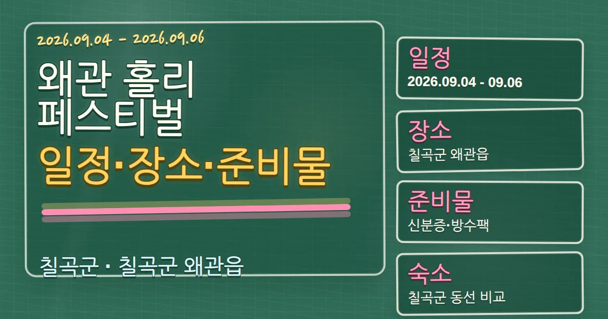 2026 왜관 홀리 페스티벌 일정·장소·준비물과 칠곡군 숙소 동선 칠판 판서형 대표 이미지