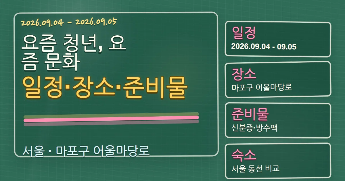 2026 요즘 청년, 요즘 문화 일정·장소·준비물과 마포구 숙소 동선 칠판 판서형 대표 이미지