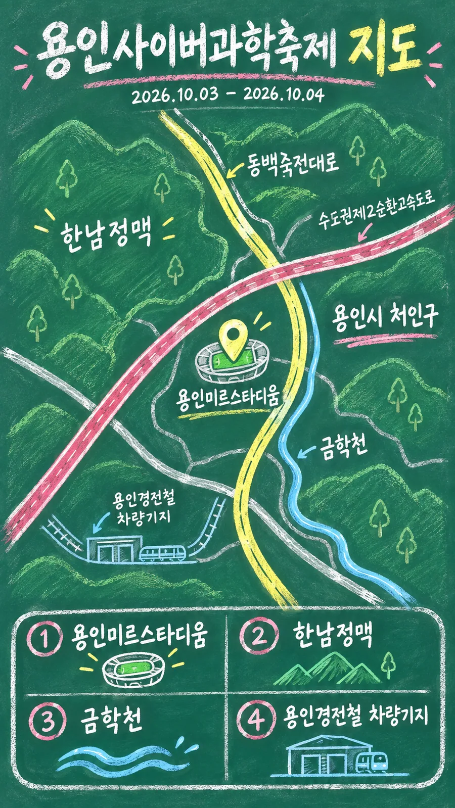 용인사이버과학축제 원본 지도 이미지를 바탕으로 imagegen이 재구성한 칠판 판서형 그림지도