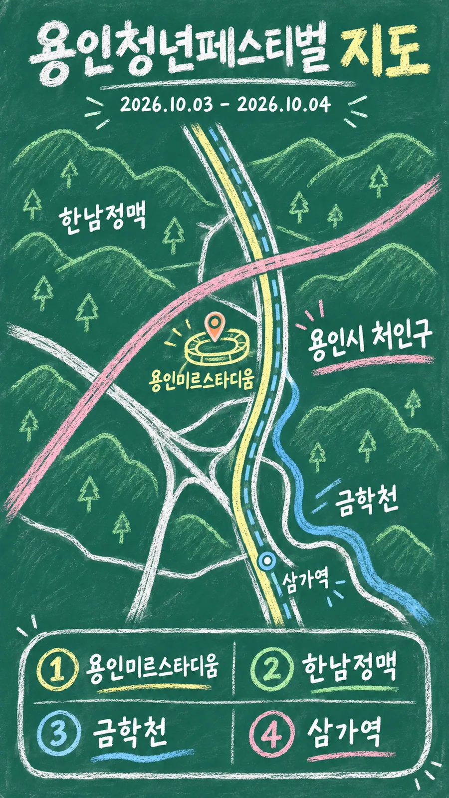 용인청년페스티벌 원본 지도 이미지를 바탕으로 imagegen이 재구성한 칠판 판서형 그림지도