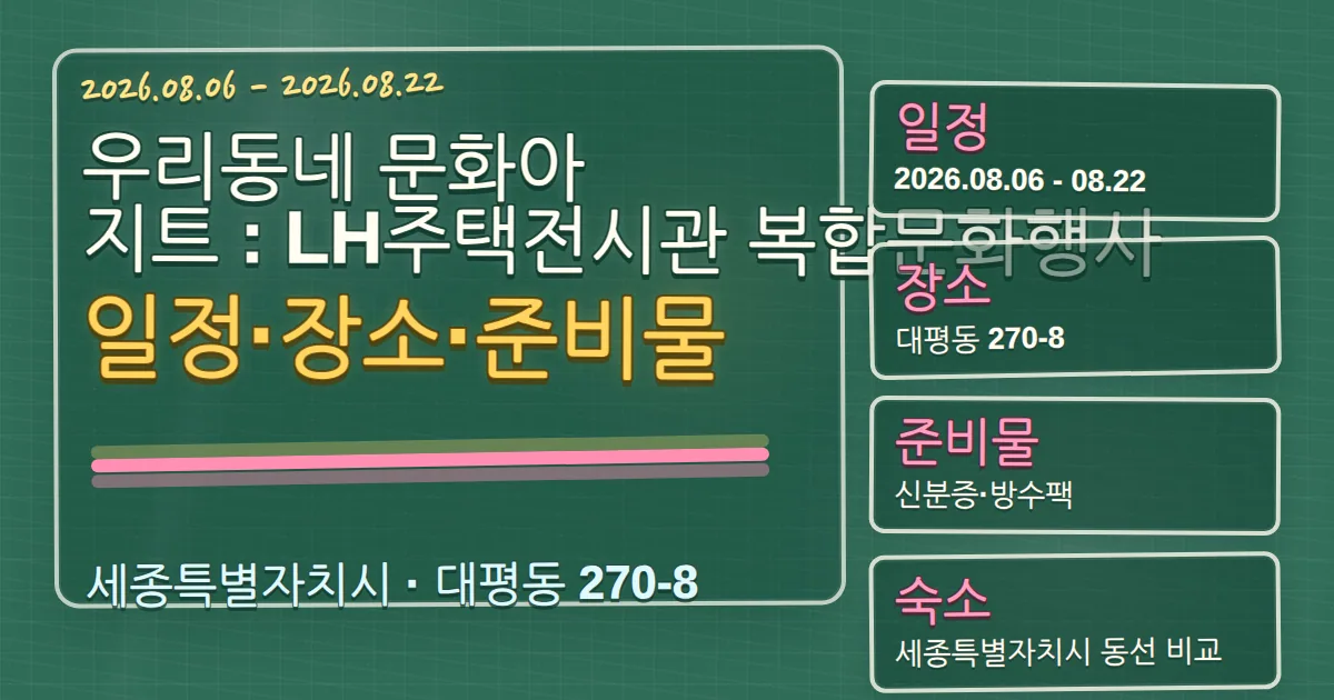 2026 우리동네 문화아지트 : LH주택전시관 복합문화행사 일정·장소·준비물·숙소 동선 칠판 판서형 대표 이미지
