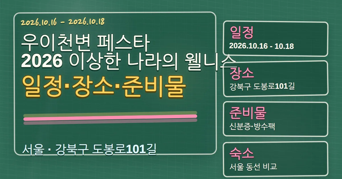2026 우이천변 페스타 이상한 나라의 웰니스 일정·장소·준비물과 숙소 동선 칠판 판서형 대표 이미지