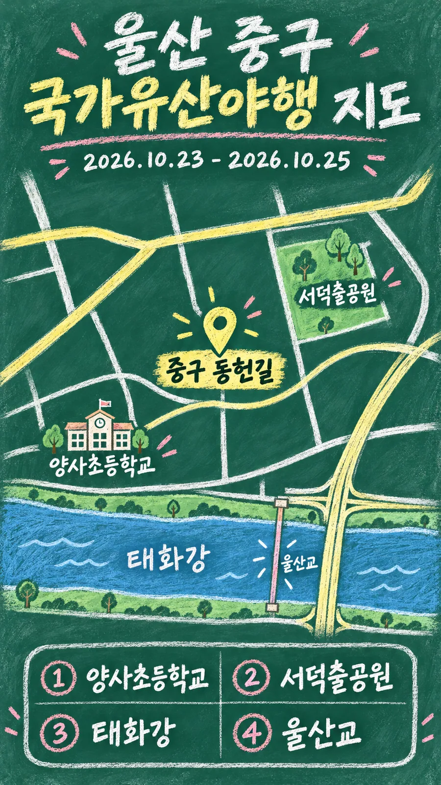울산 중구 국가유산야행 원본 지도 이미지를 바탕으로 imagegen이 재구성한 칠판 판서형 그림지도
