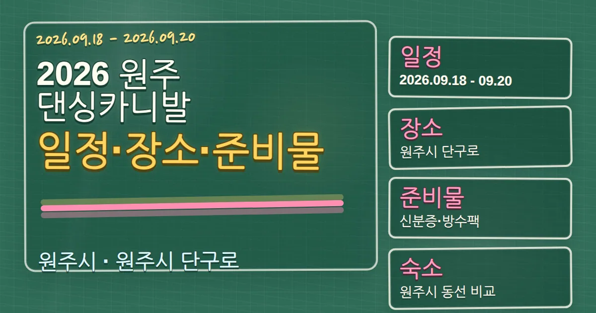 2026 원주 댄싱카니발 일정·장소·준비물과 숙소 동선 칠판 판서형 대표 이미지