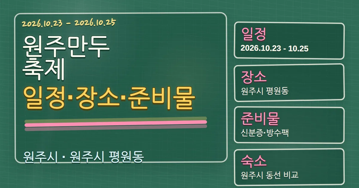 2026 원주만두축제 일정·장소·준비물과 숙소 동선 안내 칠판 판서형 대표 이미지