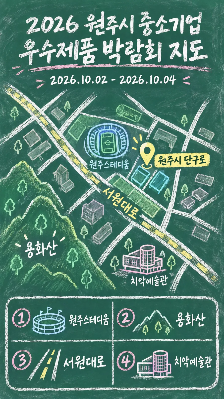 2026 원주시 중소기업 우수제품 박람회 원본 지도 이미지를 바탕으로 imagegen이 재구성한 칠판 판서형 그림지도