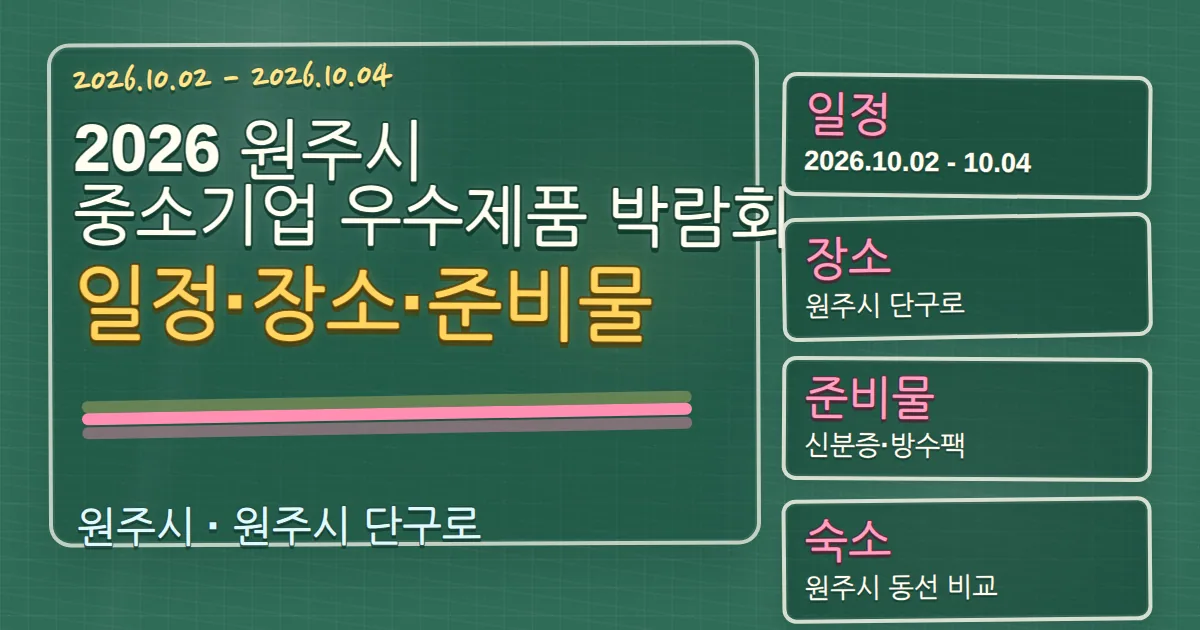 2026 원주시 중소기업 우수제품 박람회 일정·장소·준비물과 숙소 동선 칠판 판서형 대표 이미지