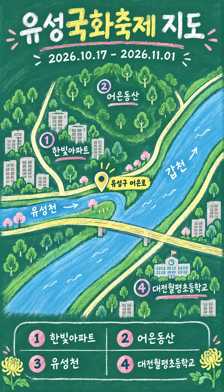유성국화축제 원본 지도 이미지를 바탕으로 imagegen이 재구성한 칠판 판서형 그림지도