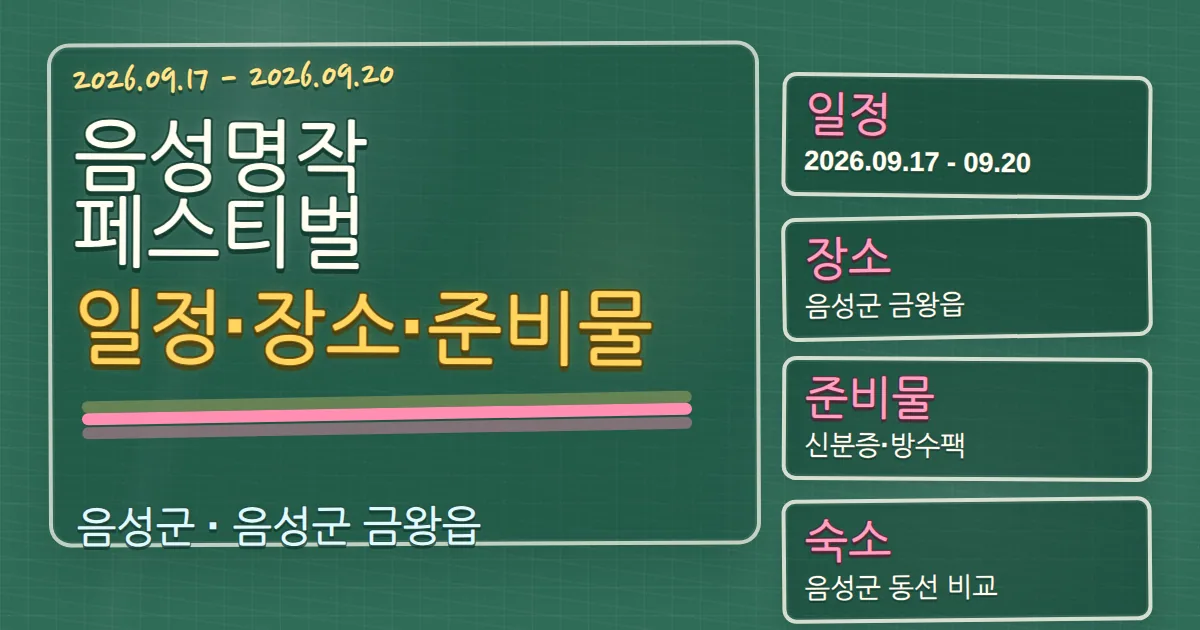 2026 음성명작페스티벌 일정·장소·준비물과 음성군 숙소 동선 칠판 판서형 대표 이미지