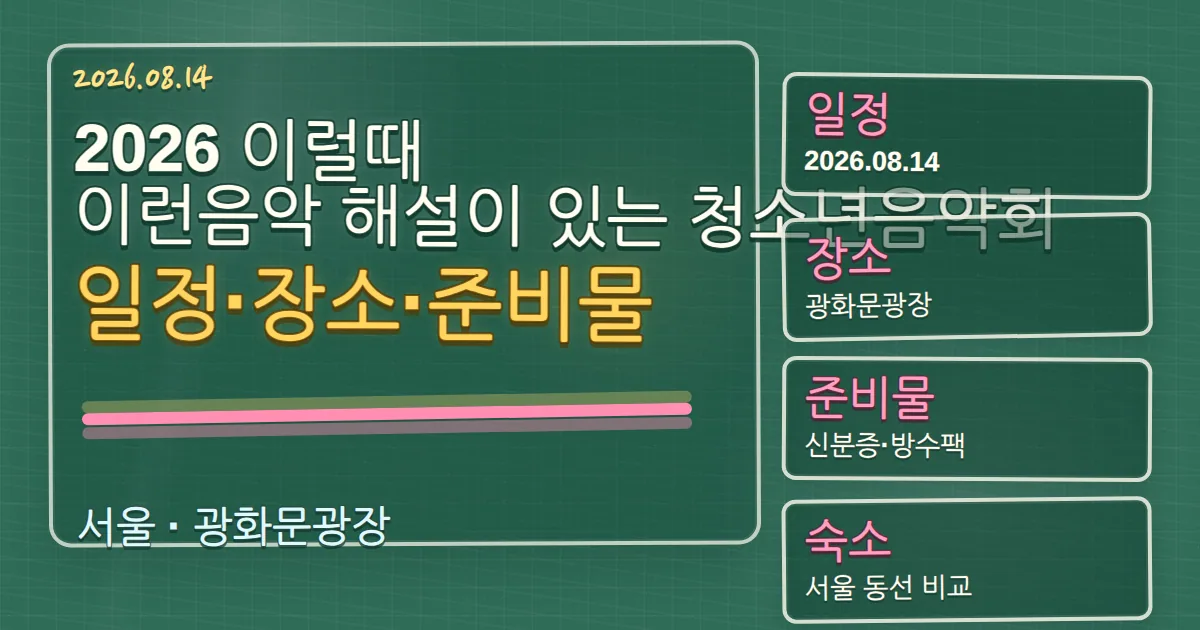 2026 이럴때이런음악 해설이 있는 청소년음악회 일정·장소와 종로구 숙소 동선 칠판 판서형 대표 이미지