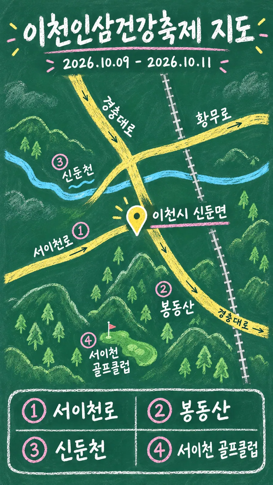 이천인삼건강축제 원본 지도 이미지를 바탕으로 imagegen이 재구성한 칠판 판서형 그림지도