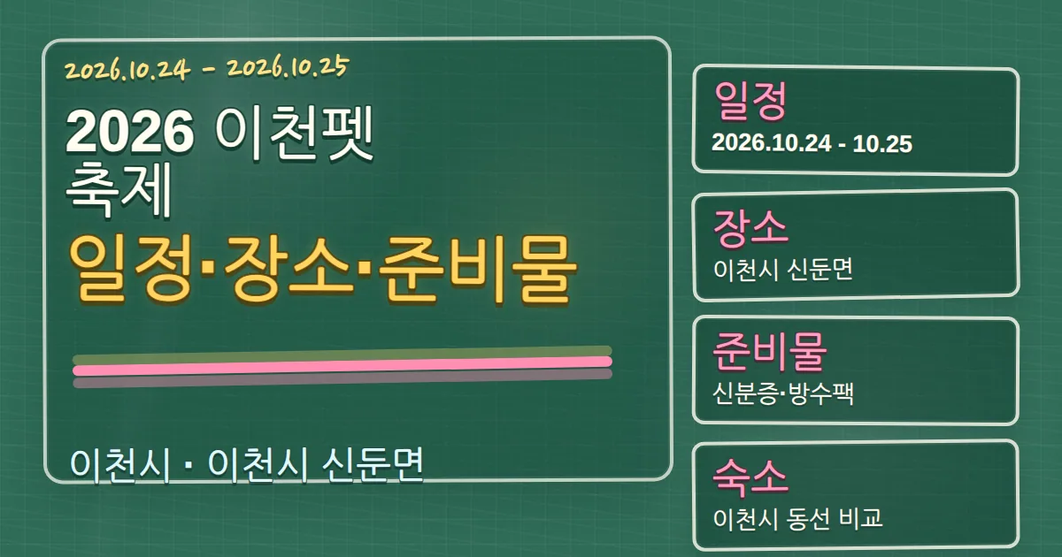 2026 이천펫축제 일정·장소·준비물과 숙소 동선 가이드 칠판 판서형 대표 이미지