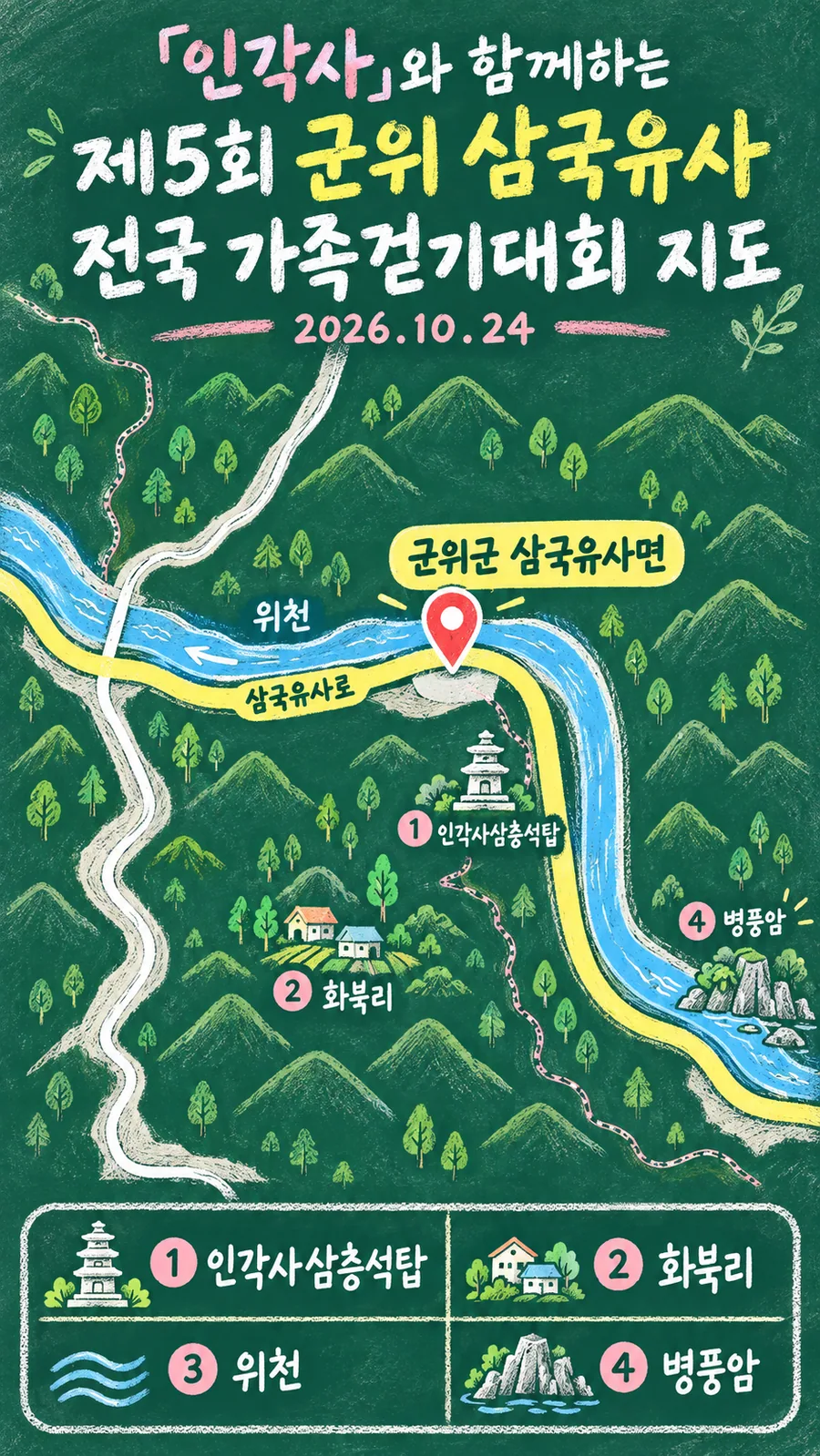 「인각사」와 함께하는 제5회 군위 삼국유사 전국 가족걷기대회 원본 지도 이미지를 바탕으로 imagegen이 재구성한 칠판 판서형 그림지도