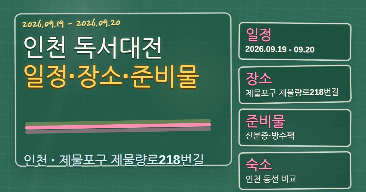 2026 인천 독서대전 일정·장소·준비물과 제물포구 숙소 동선 칠판 판서형 대표 이미지
