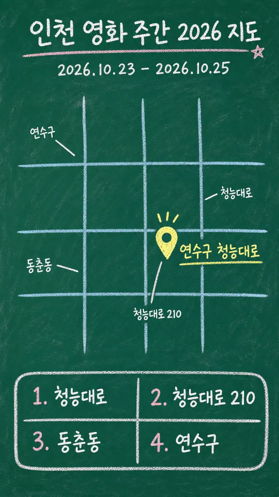인천 영화 주간 2026 원본 지도 이미지를 바탕으로 imagegen이 재구성한 칠판 판서형 그림지도