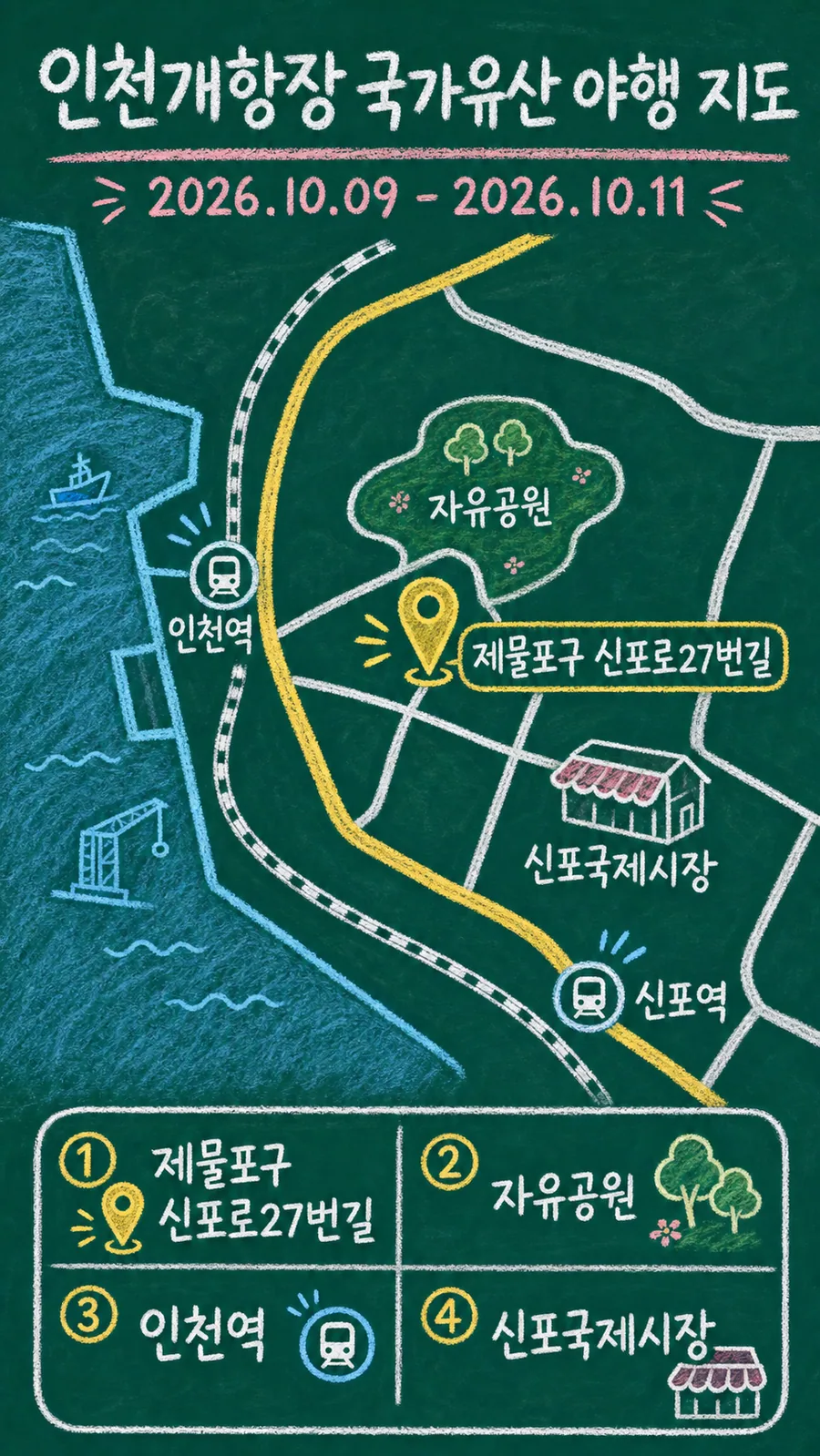 인천개항장 국가유산 야행 원본 지도 이미지를 바탕으로 imagegen이 재구성한 칠판 판서형 그림지도