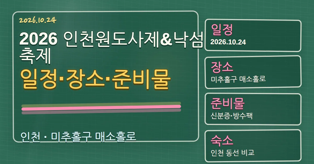 2026 인천원도사제&낙섬축제 일정·장소·준비물과 숙소 동선 칠판 판서형 대표 이미지