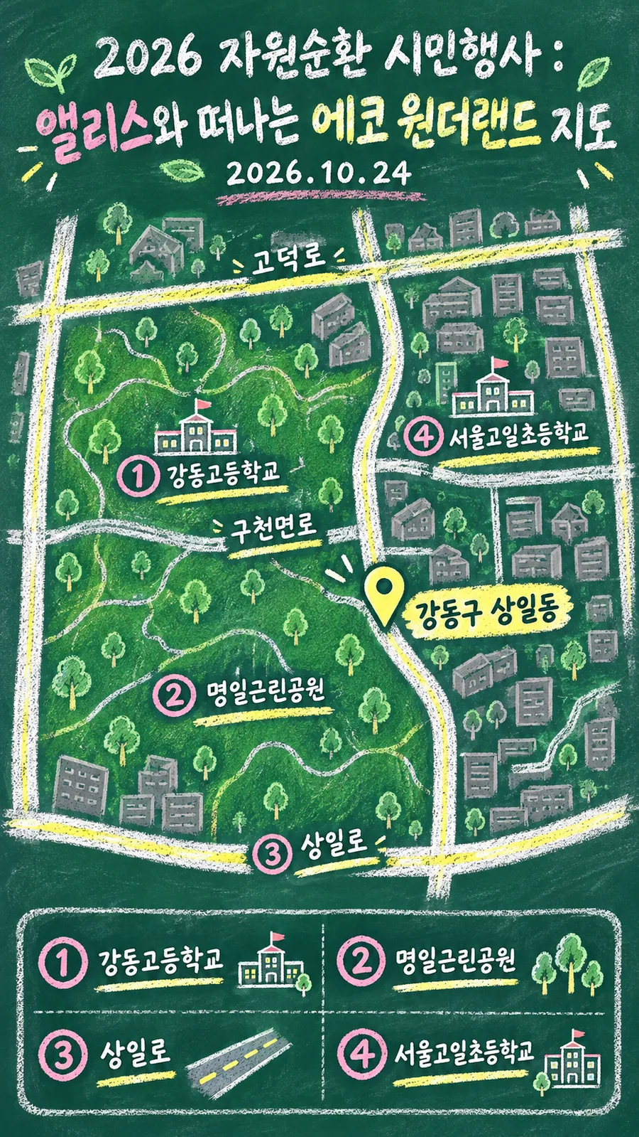 2026 자원순환 시민행사 : 앨리스와 떠나는 에코 원더랜드 원본 지도 이미지를 바탕으로 imagegen이 재구성한 칠판 판서형 그림지도