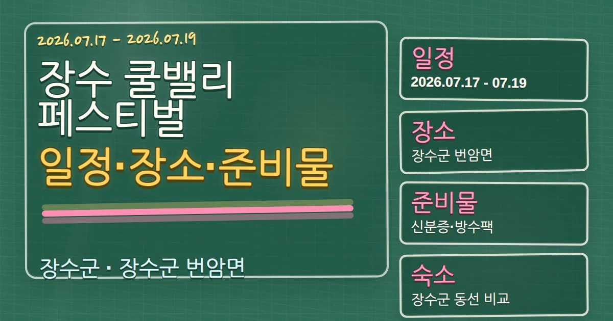 2026 장수 쿨밸리 페스티벌 일정·장소·준비물과 장수군 숙소 동선 칠판 판서형 대표 이미지