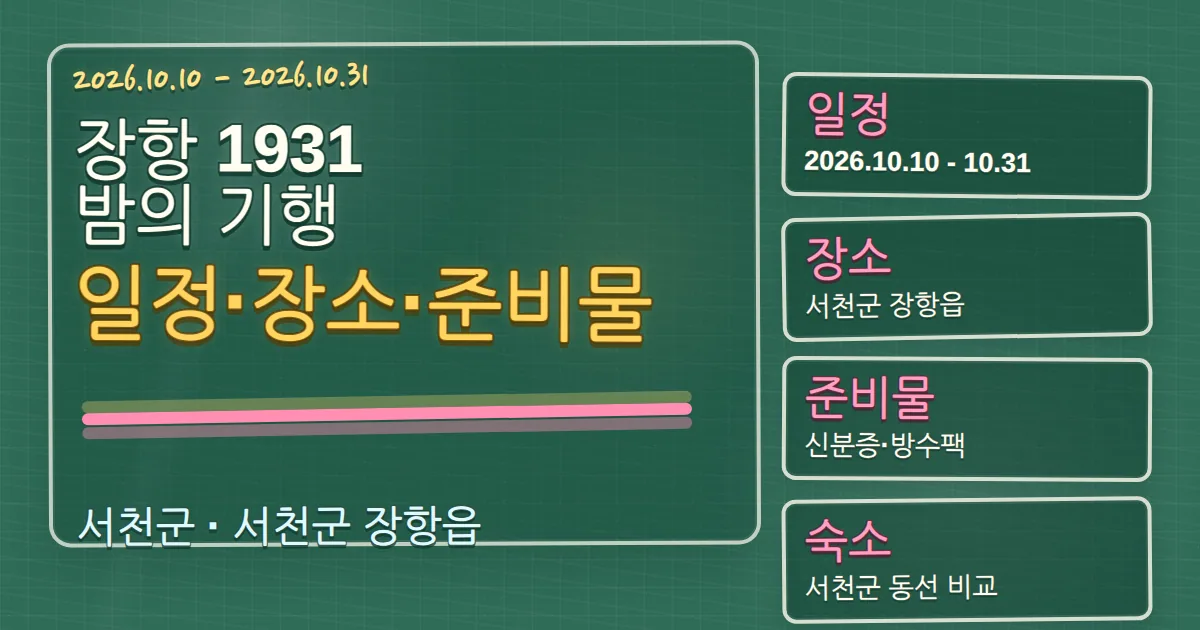 2026 장항 1931 밤의 기행 일정·장소·준비물과 숙소 동선 칠판 판서형 대표 이미지