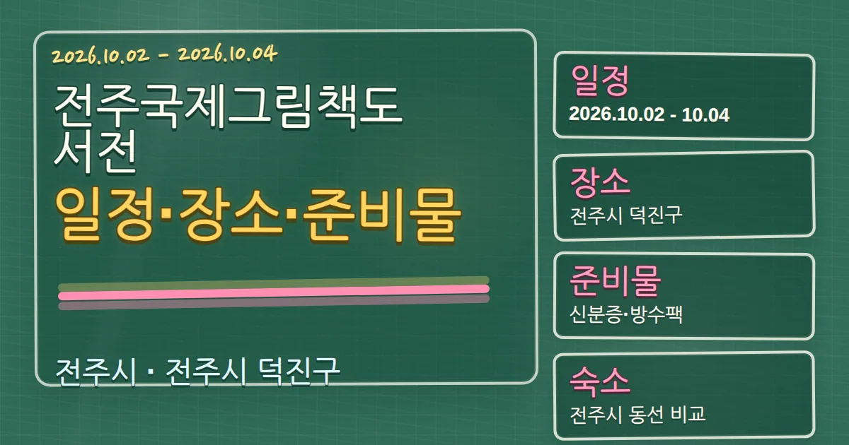 2026 전주국제그림책도서전 일정·장소·준비물과 덕진구 숙소 동선 칠판 판서형 대표 이미지