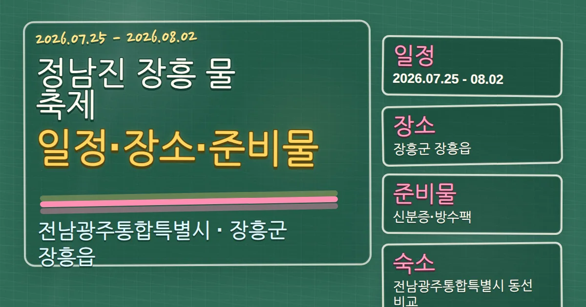 2026 정남진 장흥 물축제 일정·장소·준비물, 장흥군 숙소 동선까지 칠판 판서형 대표 이미지
