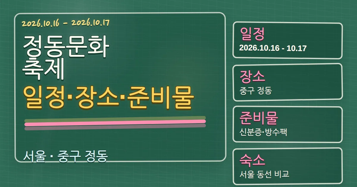 2026 정동문화축제 일정·장소·준비물과 숙소 동선 가이드 칠판 판서형 대표 이미지