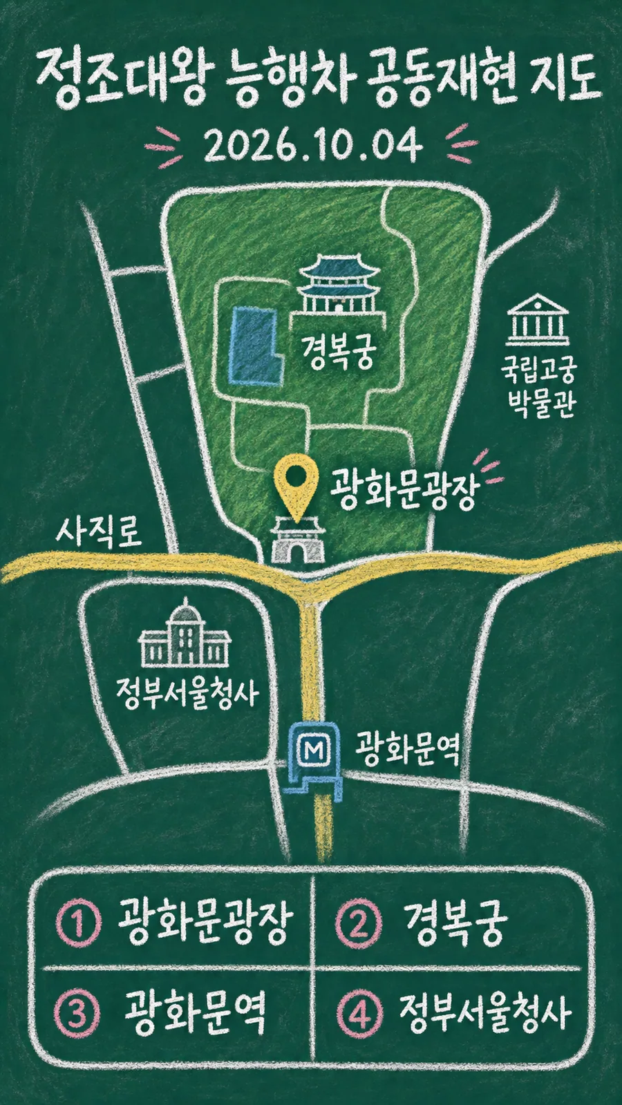 정조대왕 능행차 공동재현 원본 지도 이미지를 바탕으로 imagegen이 재구성한 칠판 판서형 그림지도