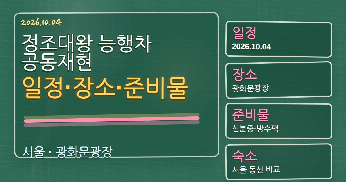 2026 정조대왕 능행차 공동재현 일정·장소·준비물과 종로구 숙소 동선 칠판 판서형 대표 이미지
