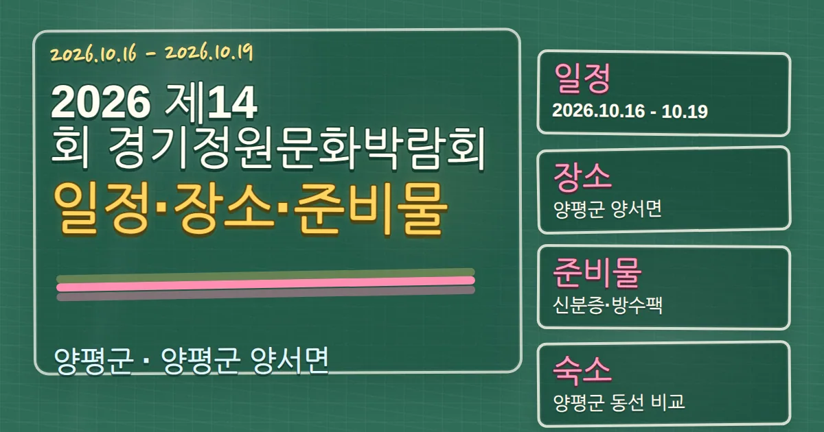 2026 제14회 경기정원문화박람회 일정·장소·준비물과 양평군 숙소 동선 칠판 판서형 대표 이미지