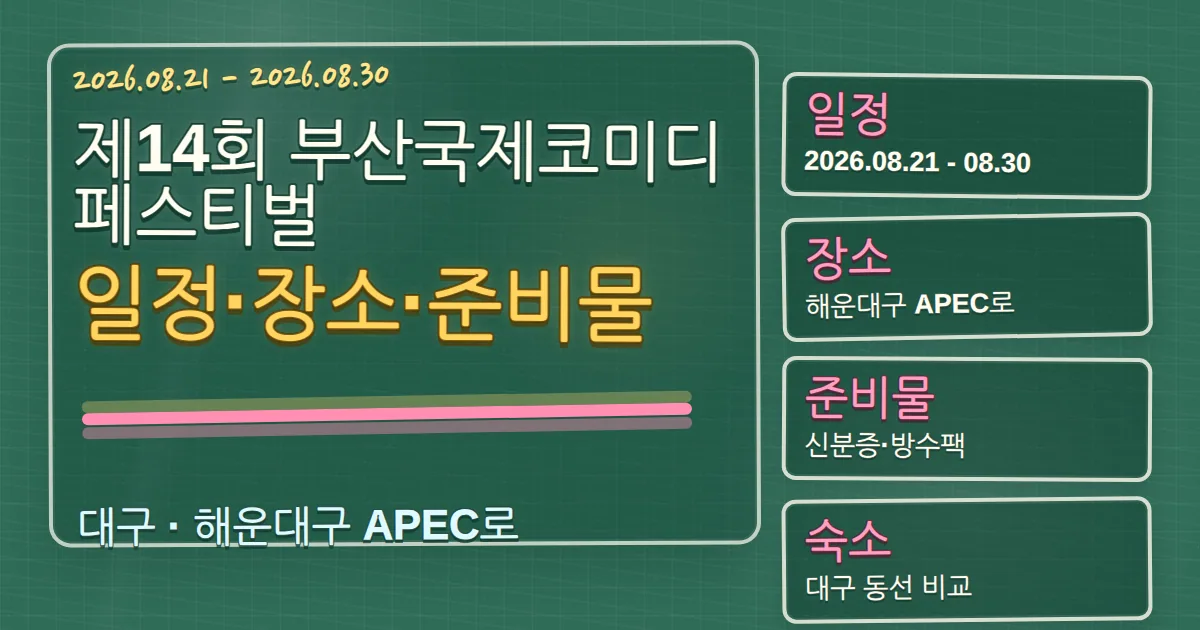 2026 제14회 부산국제코미디페스티벌 일정·장소·준비물·해운대구 숙소 동선 칠판 판서형 대표 이미지