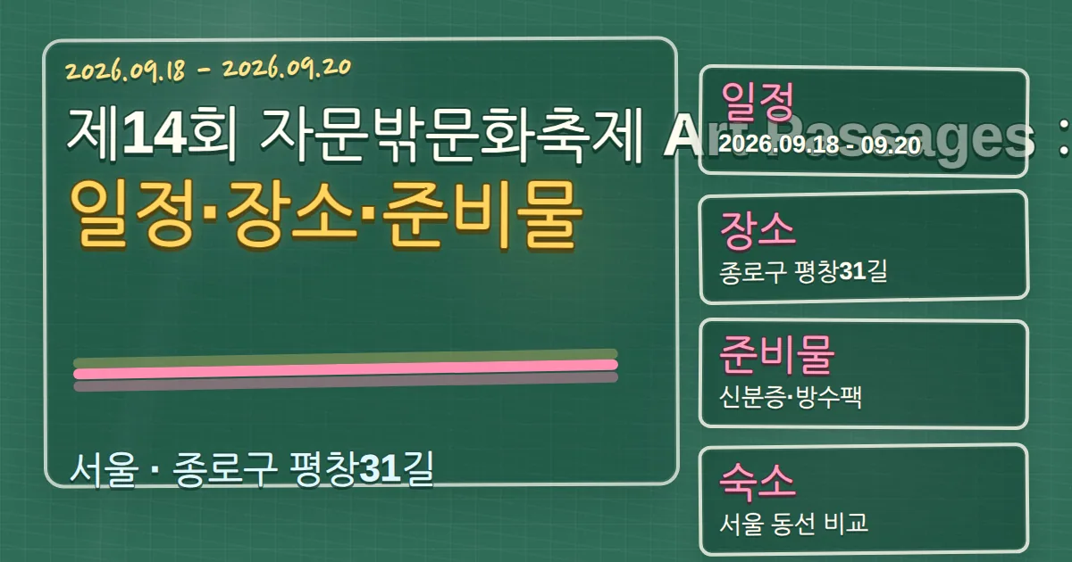 2026 제14회 자문밖문화축제 Art Passages:예술적 여정 일정·장소·준비물 칠판 판서형 대표 이미지