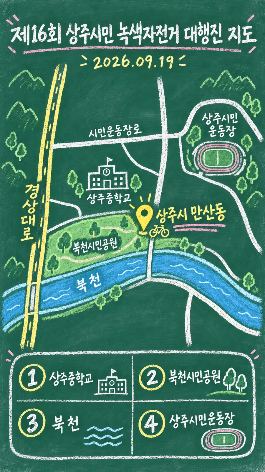 제16회 상주시민 녹색자전거 대행진 원본 지도 이미지를 바탕으로 imagegen이 재구성한 칠판 판서형 그림지도