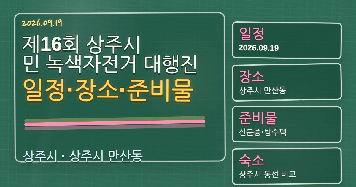 2026 제16회 상주시민 녹색자전거 대행진 일정·장소, 준비물과 상주시 숙소 동선 칠판 판서형 대표 이미지