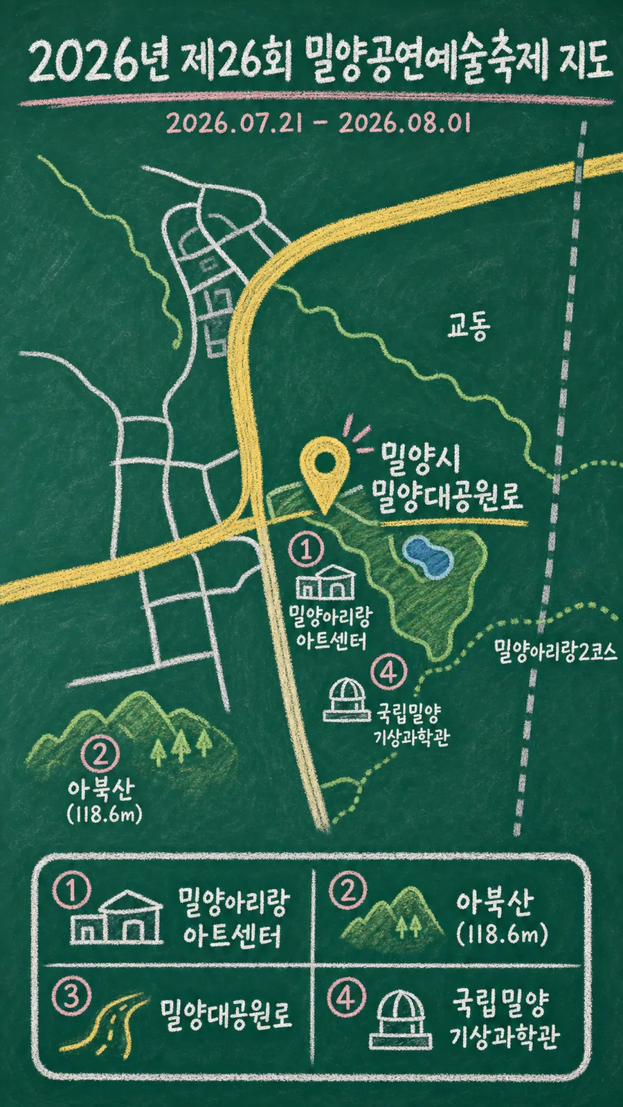 2026년 제26회 밀양공연예술축제 원본 지도 이미지를 바탕으로 imagegen이 재구성한 칠판 판서형 그림지도