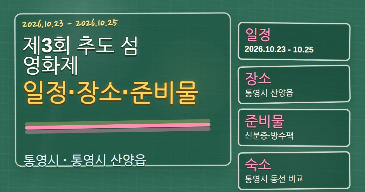 2026 제3회 추도 섬 영화제 일정·장소·준비물과 숙소 동선 칠판 판서형 대표 이미지