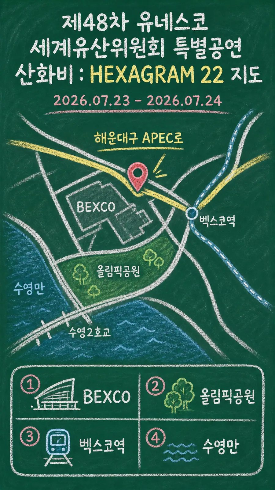 제48차 유네스코 세계유산위원회 특별공연 산화비 : HEXAGRAM 22 원본 지도 이미지를 바탕으로 imagegen이 재구성한 칠판 판서형 그림지도