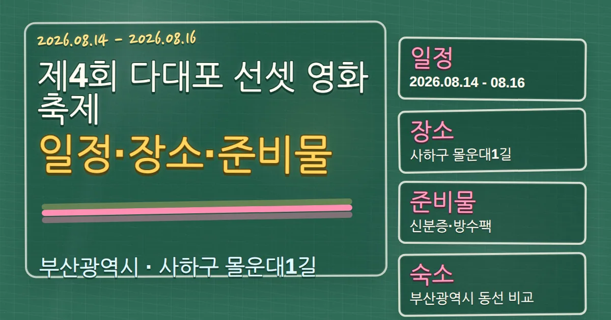 2026 제4회 다대포 선셋 영화 축제 일정·장소·준비물과 사하구 숙소 동선 칠판 판서형 대표 이미지