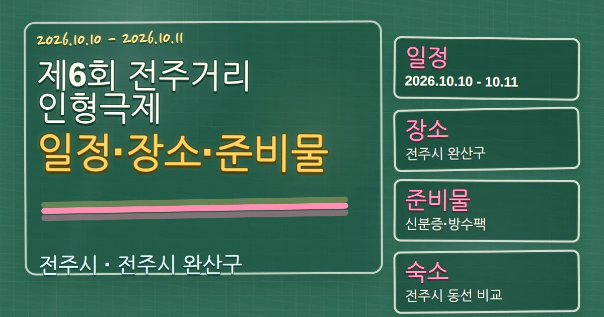 2026 제6회 전주거리인형극제 일정·장소·준비물과 숙소 동선 칠판 판서형 대표 이미지