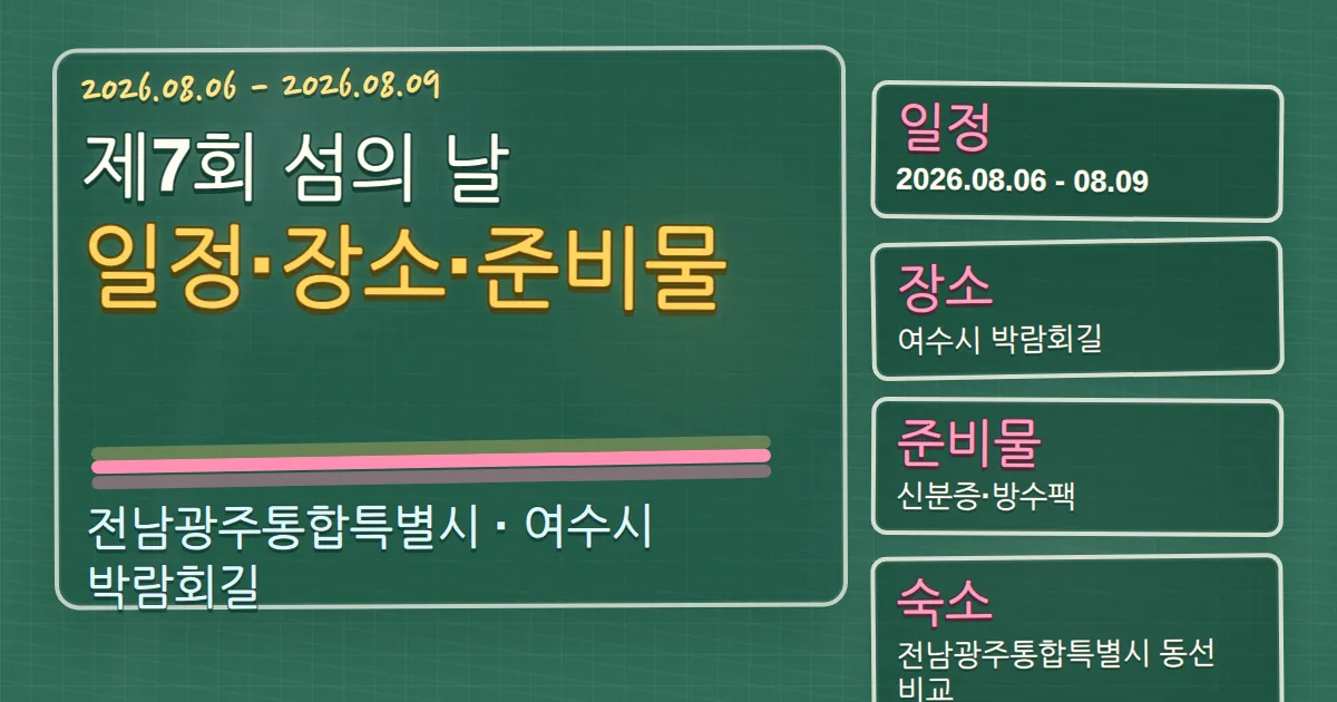 2026 제7회 섬의 날 일정·장소·준비물과 여수시 숙소 동선 칠판 판서형 대표 이미지