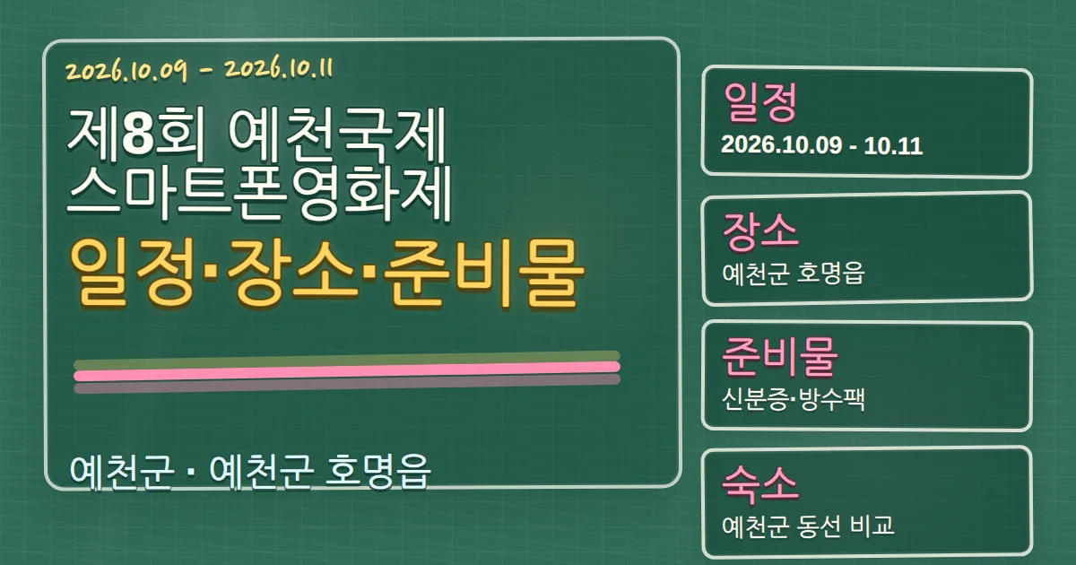 2026 제8회 예천국제스마트폰영화제 일정·장소·준비물·숙소 동선 칠판 판서형 대표 이미지