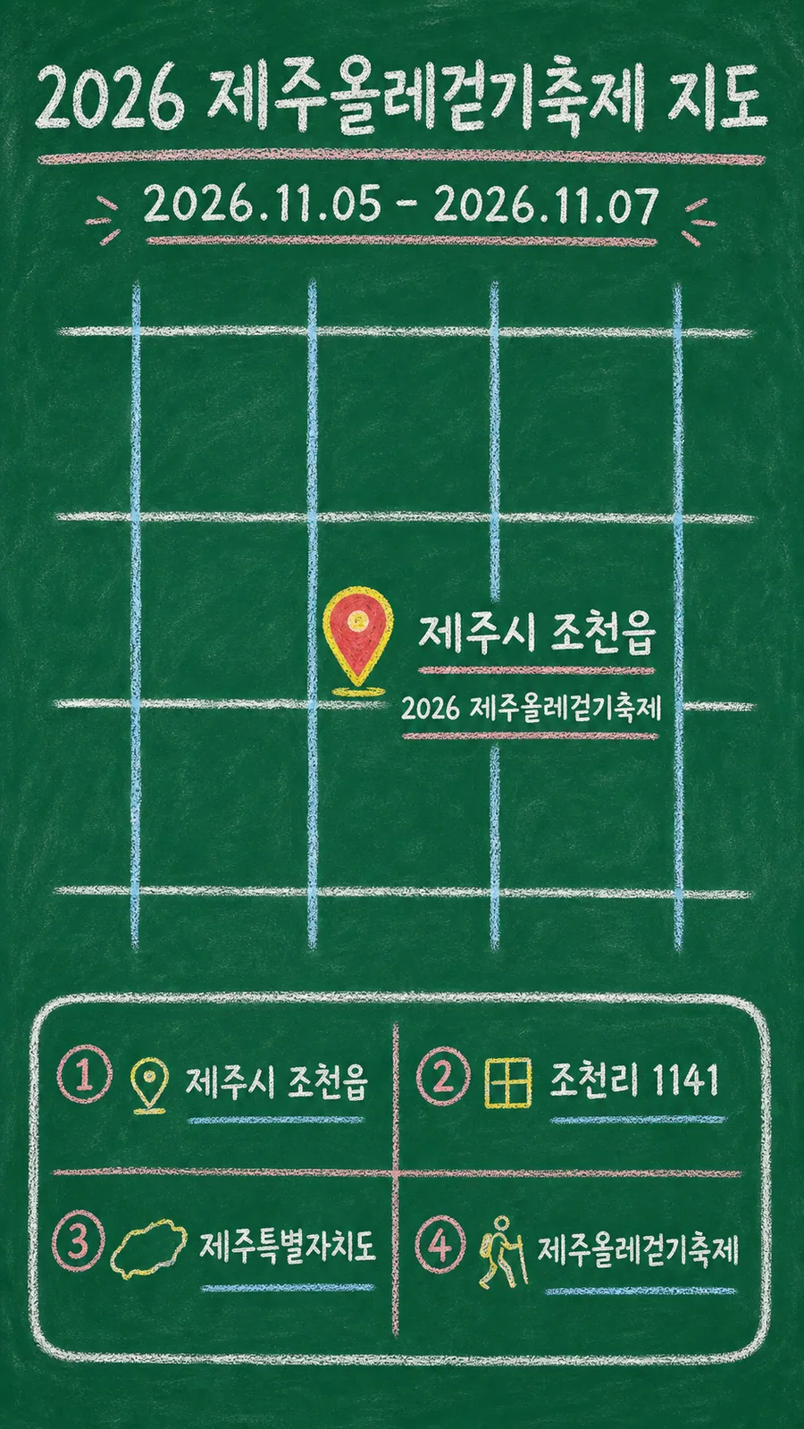 2026 제주올레걷기축제 원본 지도 이미지를 바탕으로 imagegen이 재구성한 칠판 판서형 그림지도