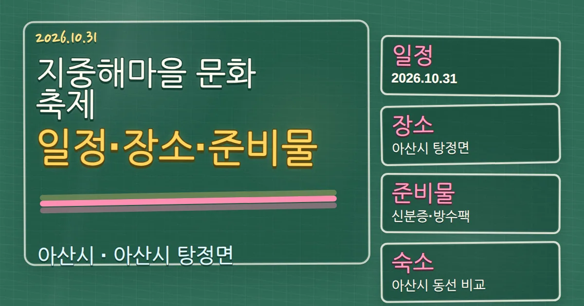 2026 지중해마을 문화축제 일정·장소·준비물과 숙소 동선 칠판 판서형 대표 이미지