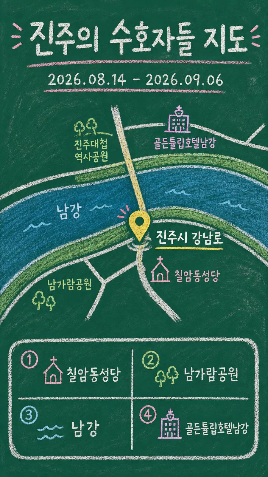 진주의 수호자들 원본 지도 이미지를 바탕으로 imagegen이 재구성한 칠판 판서형 그림지도